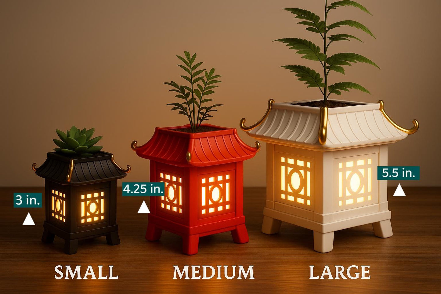 Asian Pagoda Lantern Zen Style Indoor Planter & Nightlight - 3D